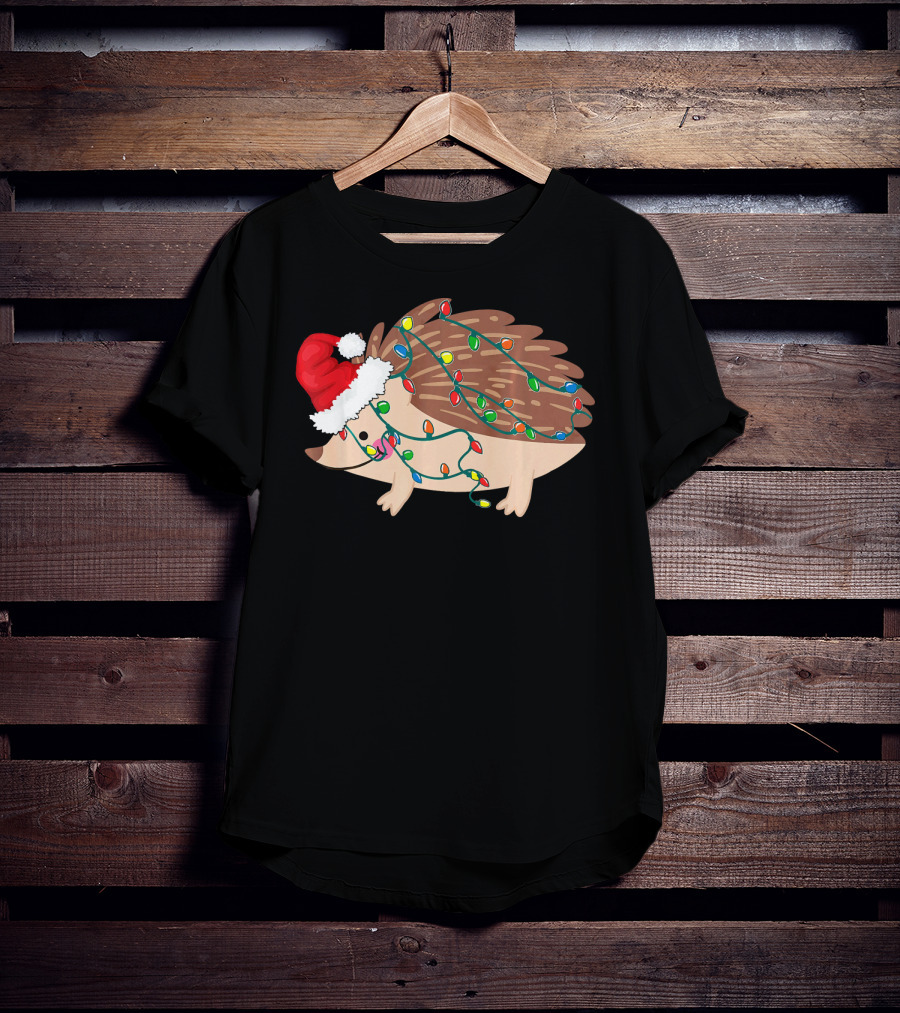 Hedgehog Christmas Lights Funny Santa Hat T-Shirt