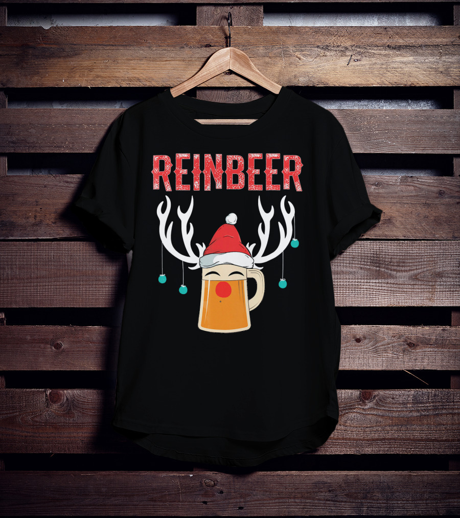Reinbeer Christmas Antler Humor With Santa Hat Beer Mug T-Shirt