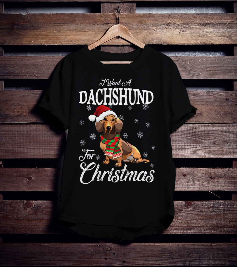 I Want A Dachshund Wearing Santa Hat And Scarf For Christmas Snowflakes T-Shirt