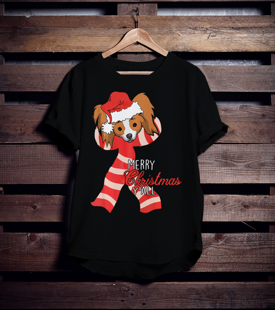 Papillon Dog Merry Christmas Y'all Santa Hat Striped T-Shirt