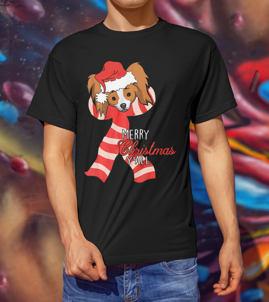 Papillon Dog Merry Christmas Y'all Santa Hat Striped T-Shirt