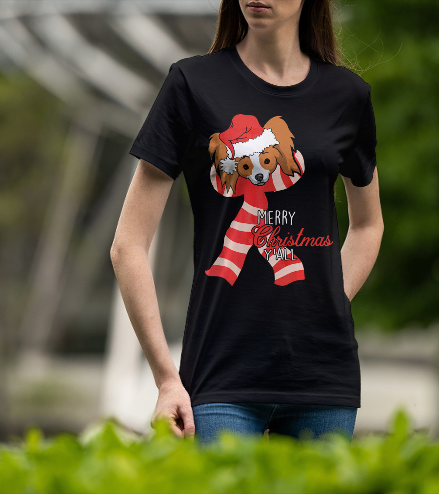 Papillon Dog Merry Christmas Y'all Santa Hat Striped T-Shirt
