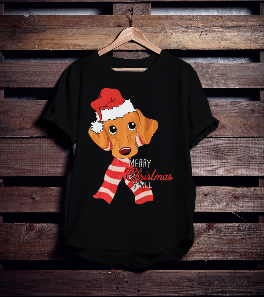 Merry Christmas Y'all Dachshund Dog Wearing Santa Hat And Striped Scarf T-Shirt