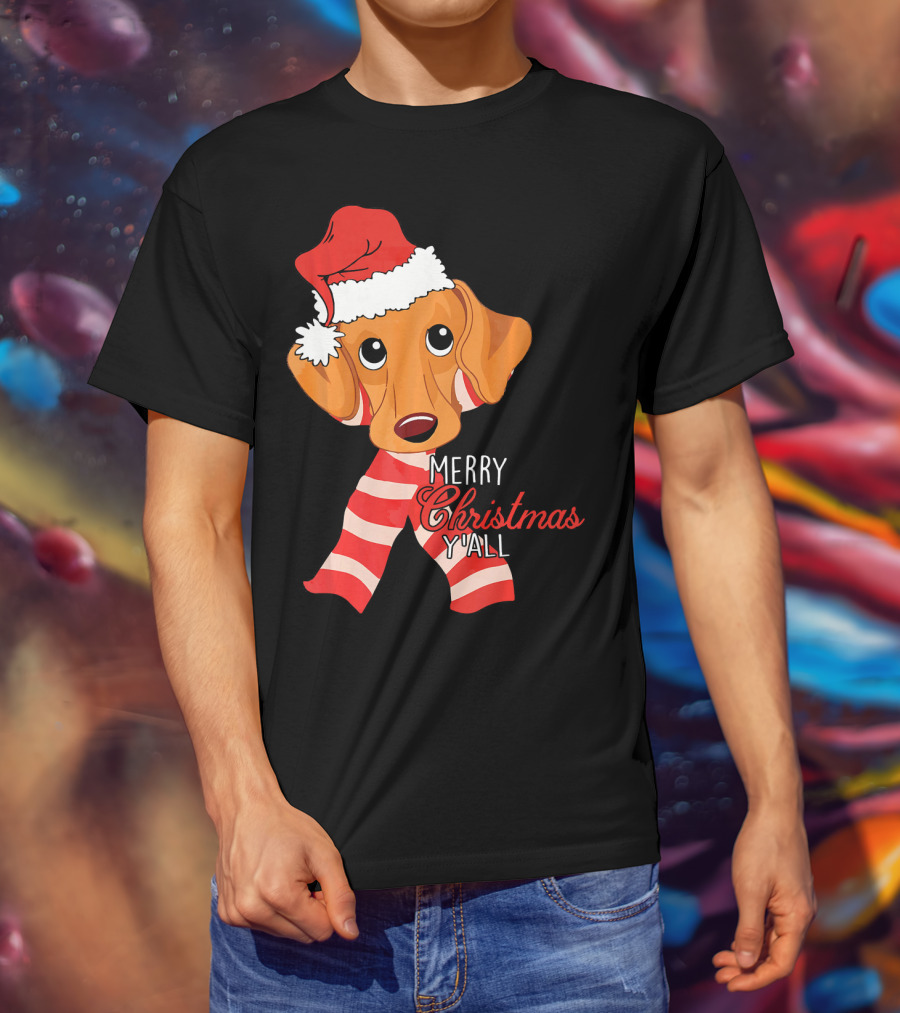 Merry Christmas Y'all Dachshund Dog Wearing Santa Hat And Striped Scarf T-Shirt