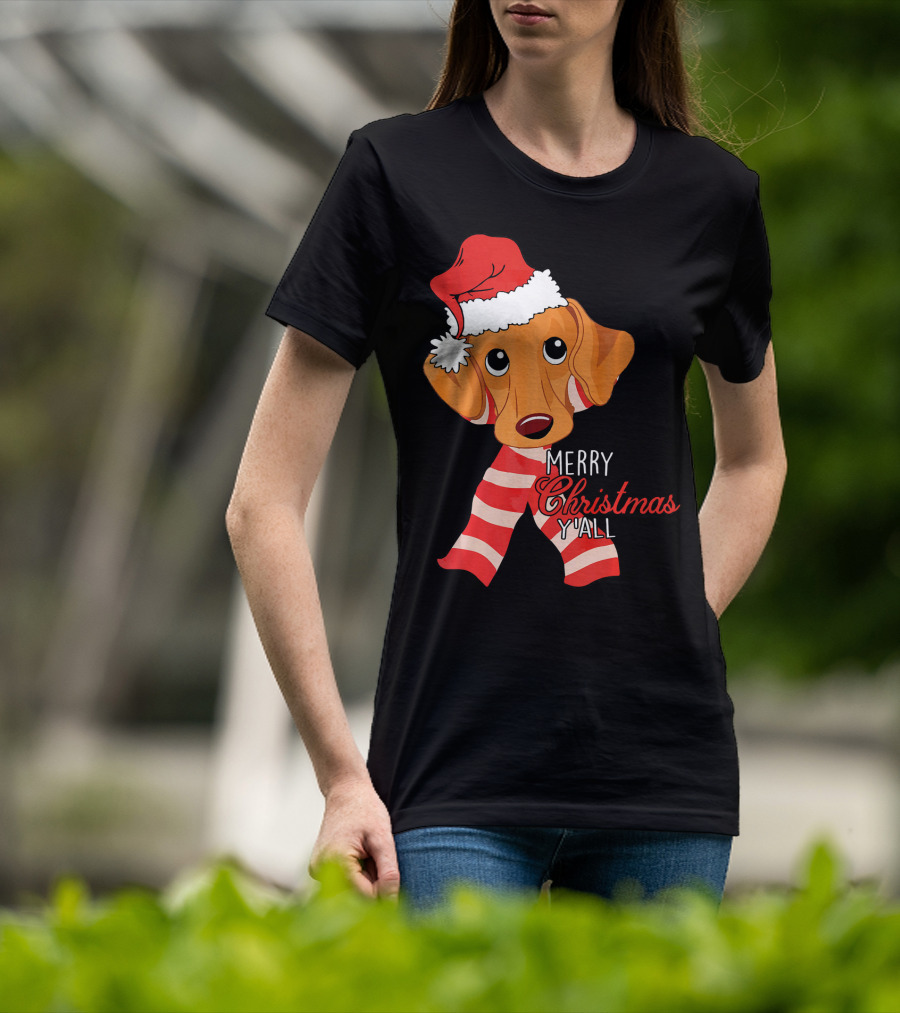 Merry Christmas Y'all Dachshund Dog Wearing Santa Hat And Striped Scarf T-Shirt