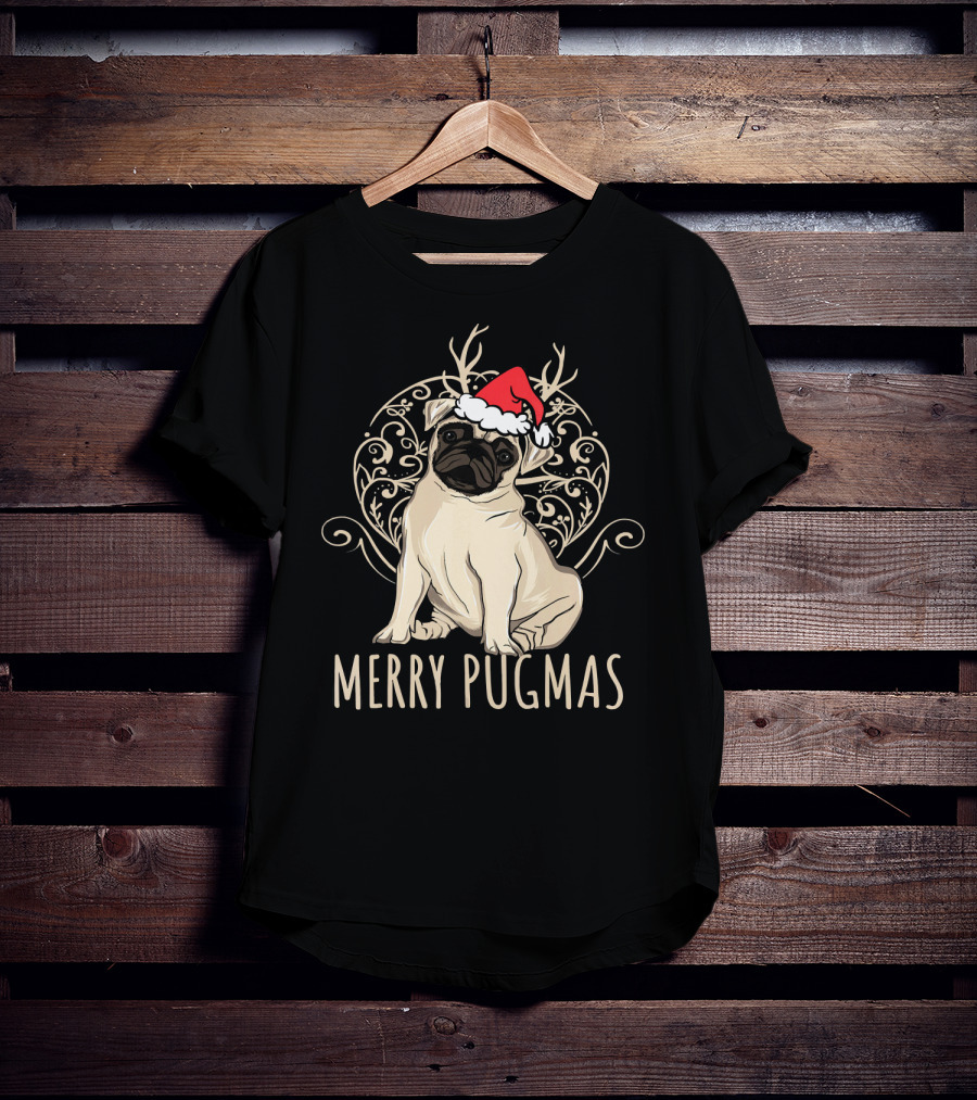 Merry Pugmas Funny Pug With Santa Hat And Antlers T-Shirt