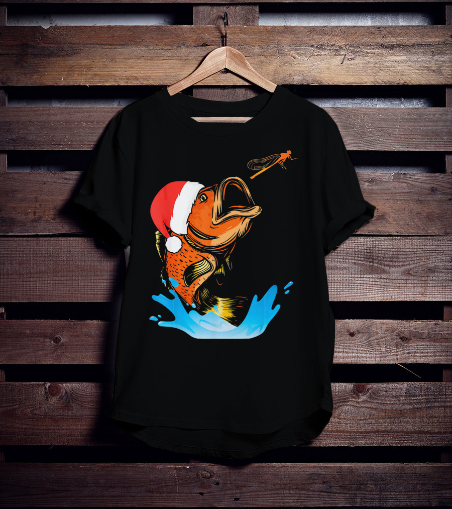 Bass Fishing Santa Hat Splashing Christmas Fish T-Shirt