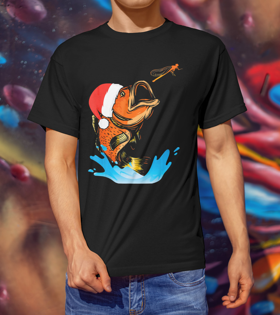 Bass Fishing Santa Hat Splashing Christmas Fish T-Shirt