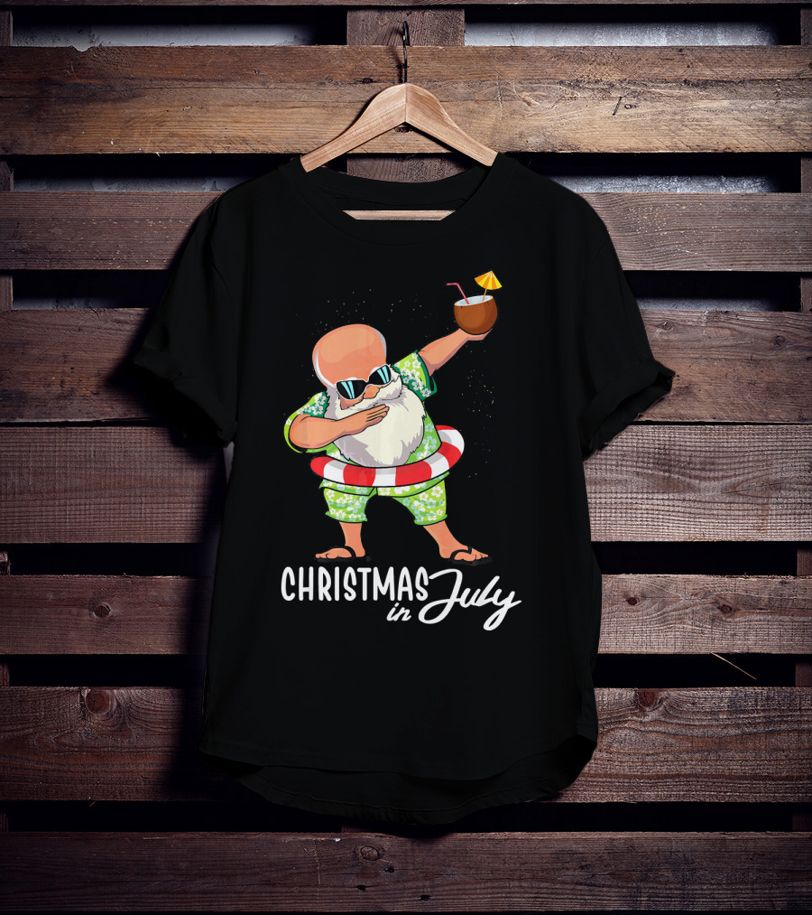 Dabbing Santa Christmas In July Coconut Drink Sunglasses Summer Fun T-Shirt
