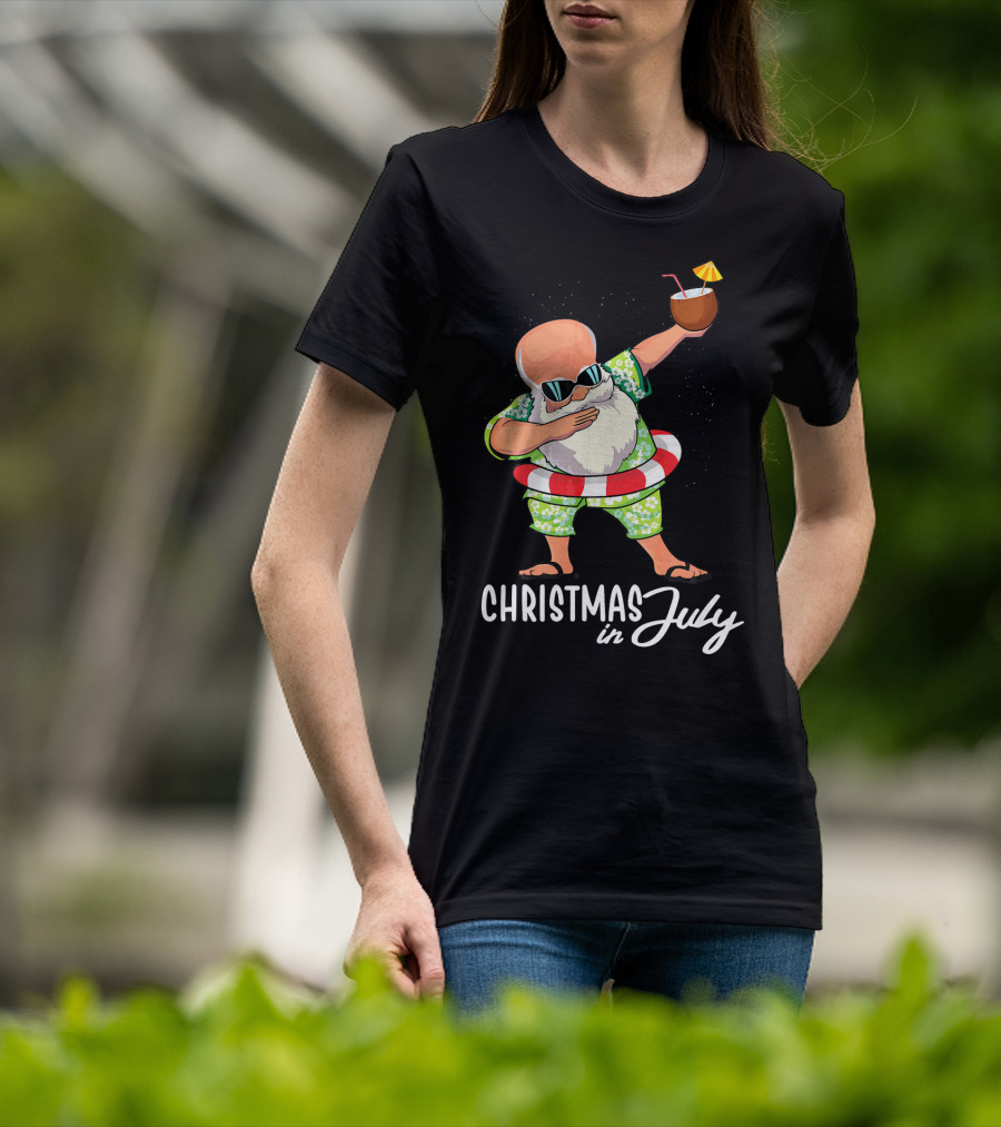 Dabbing Santa Christmas In July Coconut Drink Sunglasses Summer Fun T-Shirt