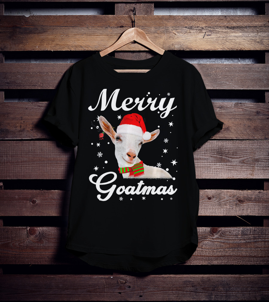 Merry Goatmas Santa Hat Snowflakes Festive Goat T-Shirt