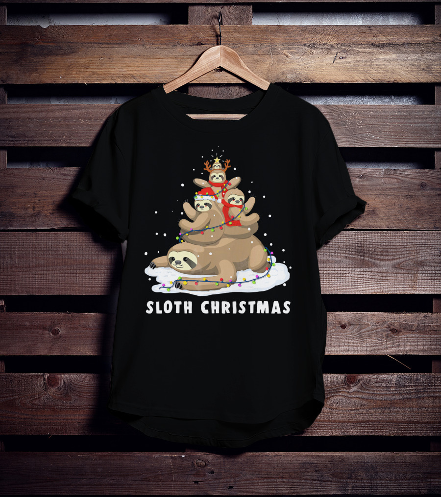 Sloth Christmas Tree With Reindeer And Santa Hats T-Shirt