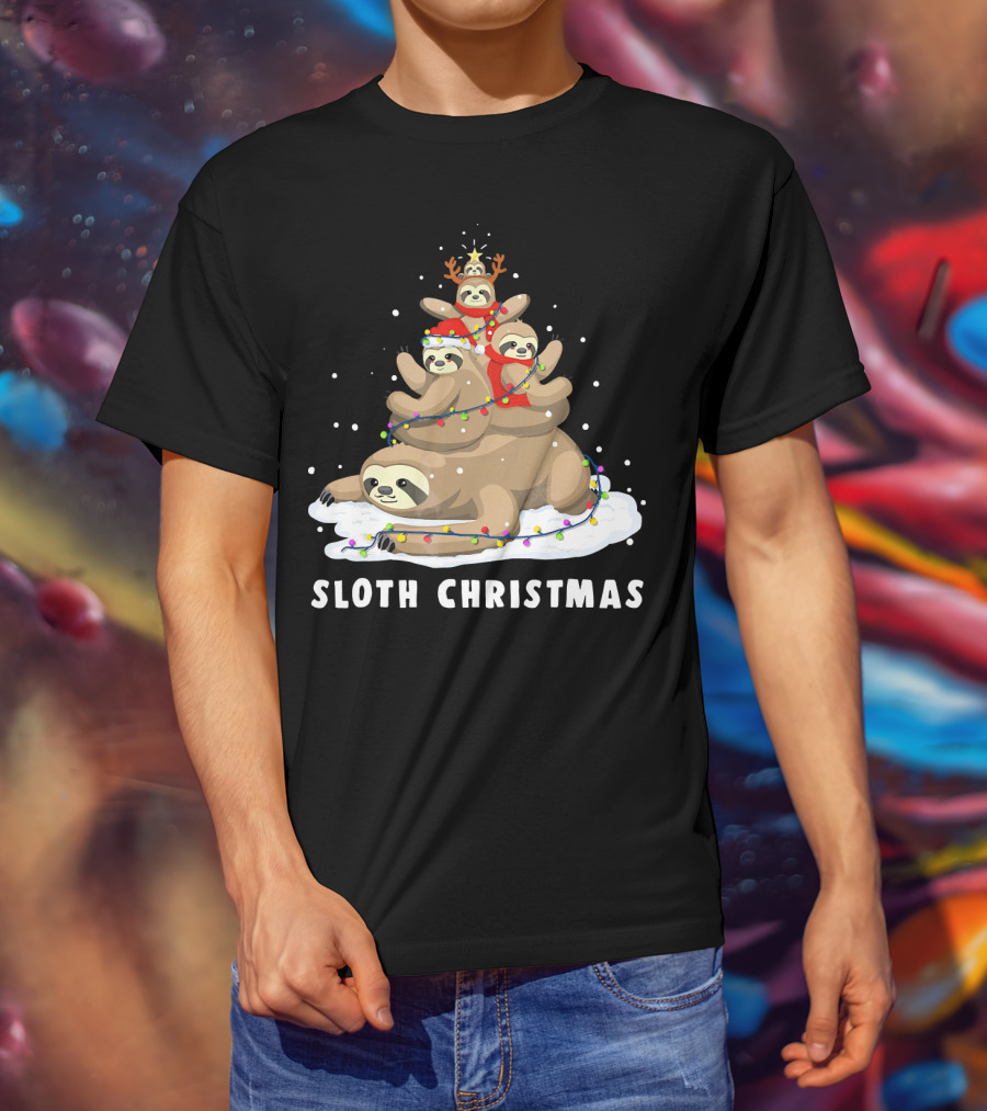Sloth Christmas Tree With Reindeer And Santa Hats T-Shirt