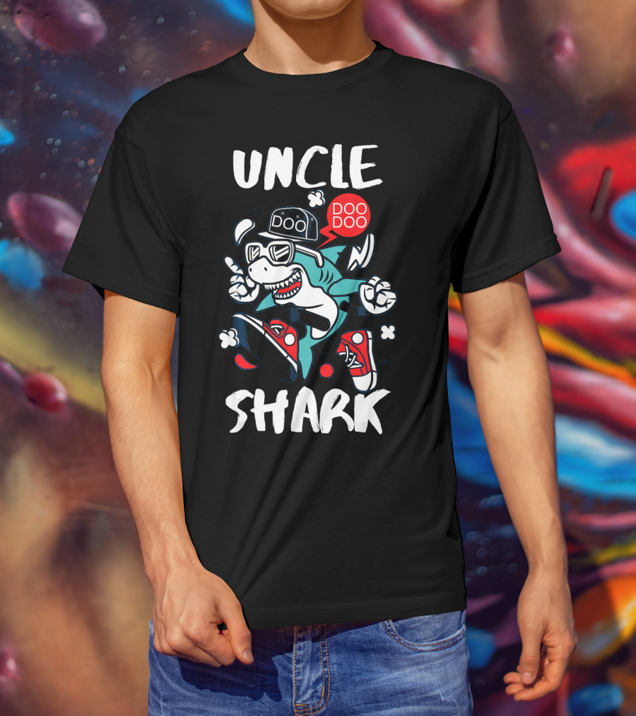 Uncle Shark Doo Doo Best Uncle Hat Sunglasses Sneakers Whimsical T-Shirt