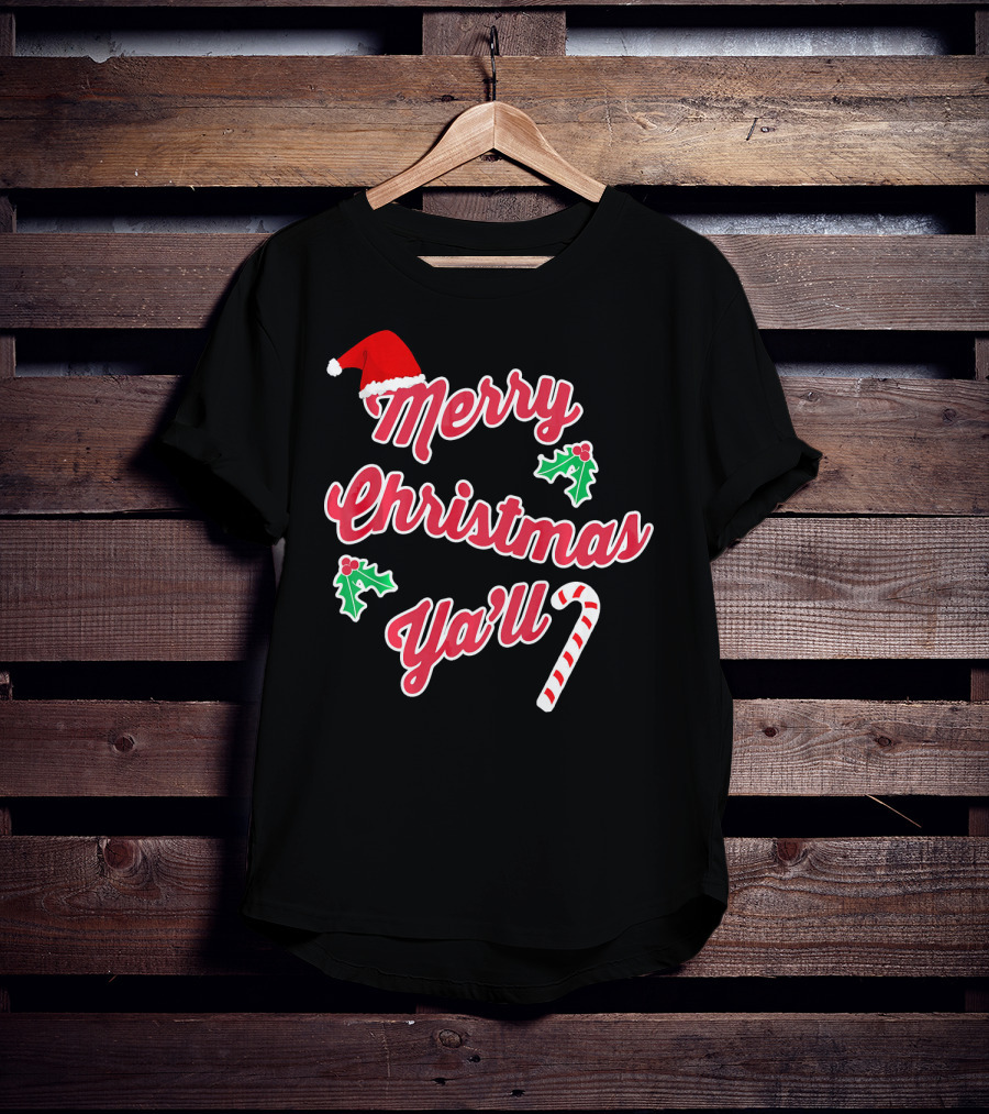Merry Christmas Y'all Santa Hat Holly Candy Cane T-Shirt
