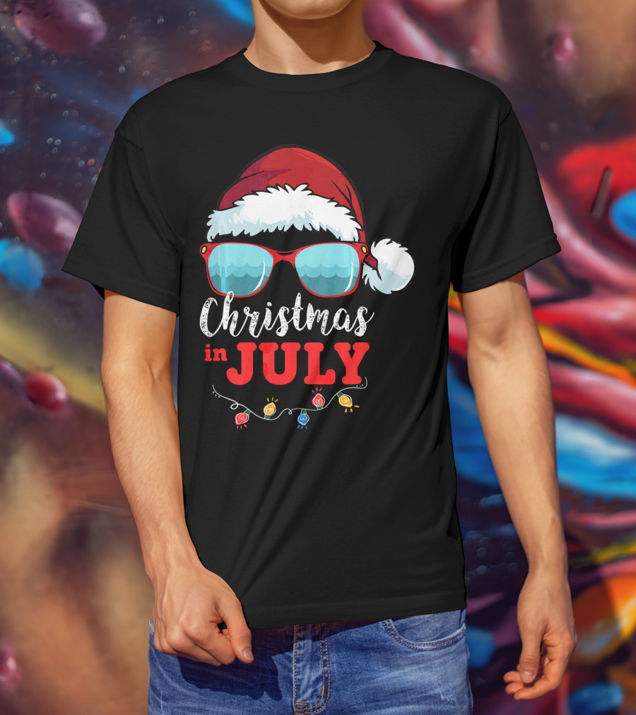 Santa Hat Sunglasses Christmas In July Holiday Lights T-Shirt