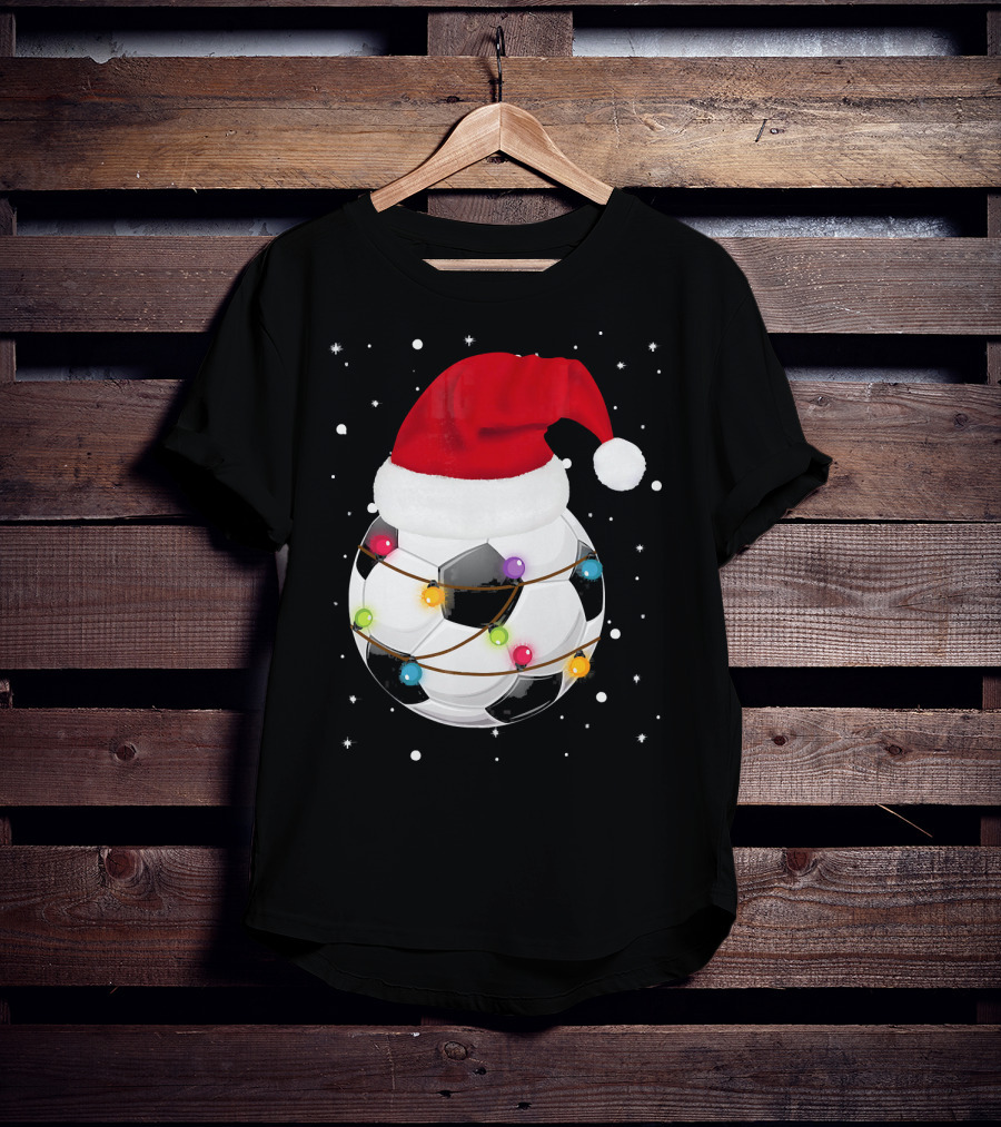 Santa Hat Soccer Ball Wrapped In Christmas Lights With Falling Snow T-Shirt