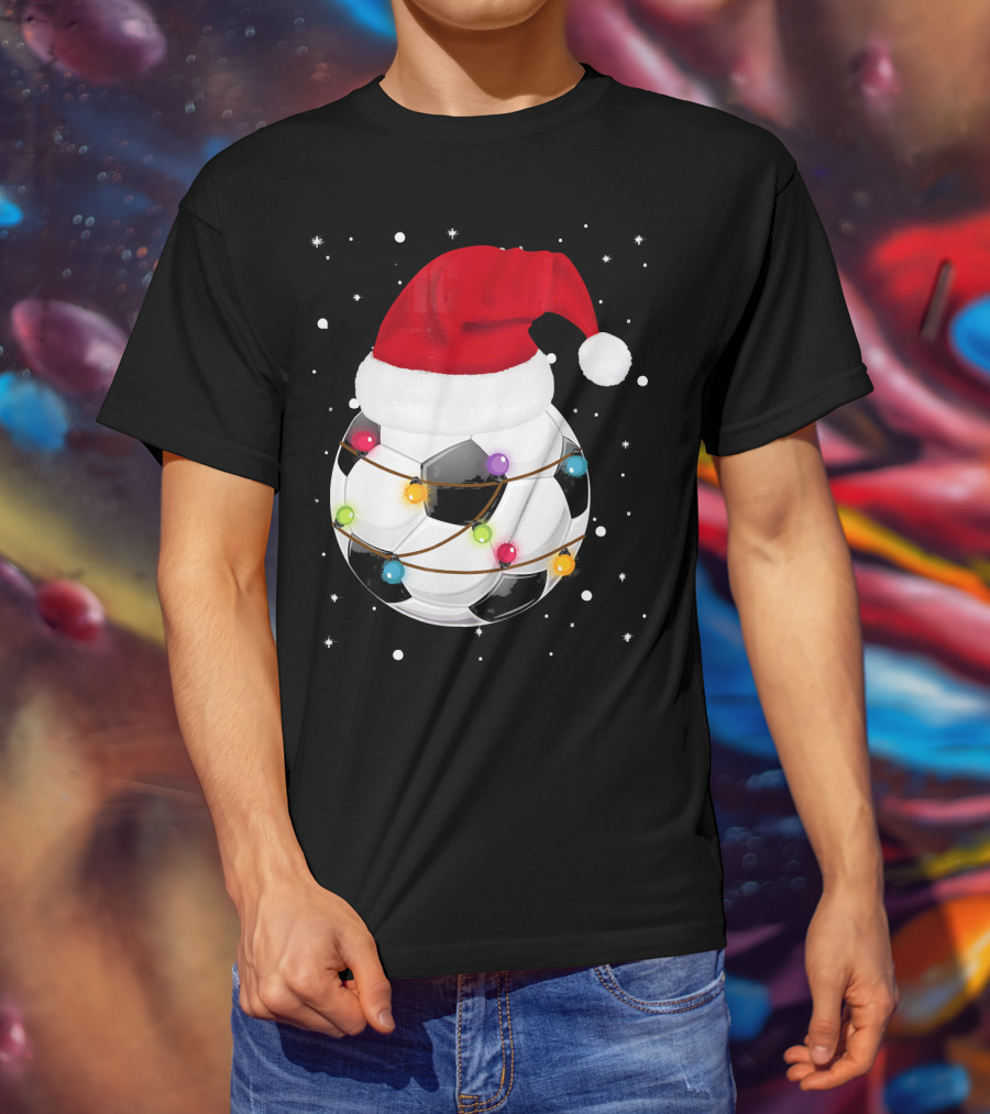 Santa Hat Soccer Ball Wrapped In Christmas Lights With Falling Snow T-Shirt