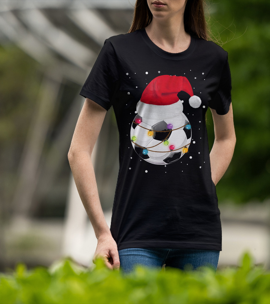 Santa Hat Soccer Ball Wrapped In Christmas Lights With Falling Snow T-Shirt