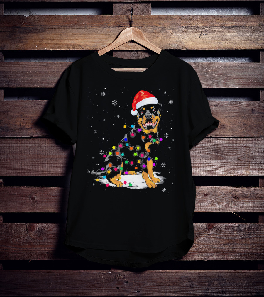 Rottweiler With Santa Hat And Colorful Christmas Lights In Snowy Scene T-Shirt