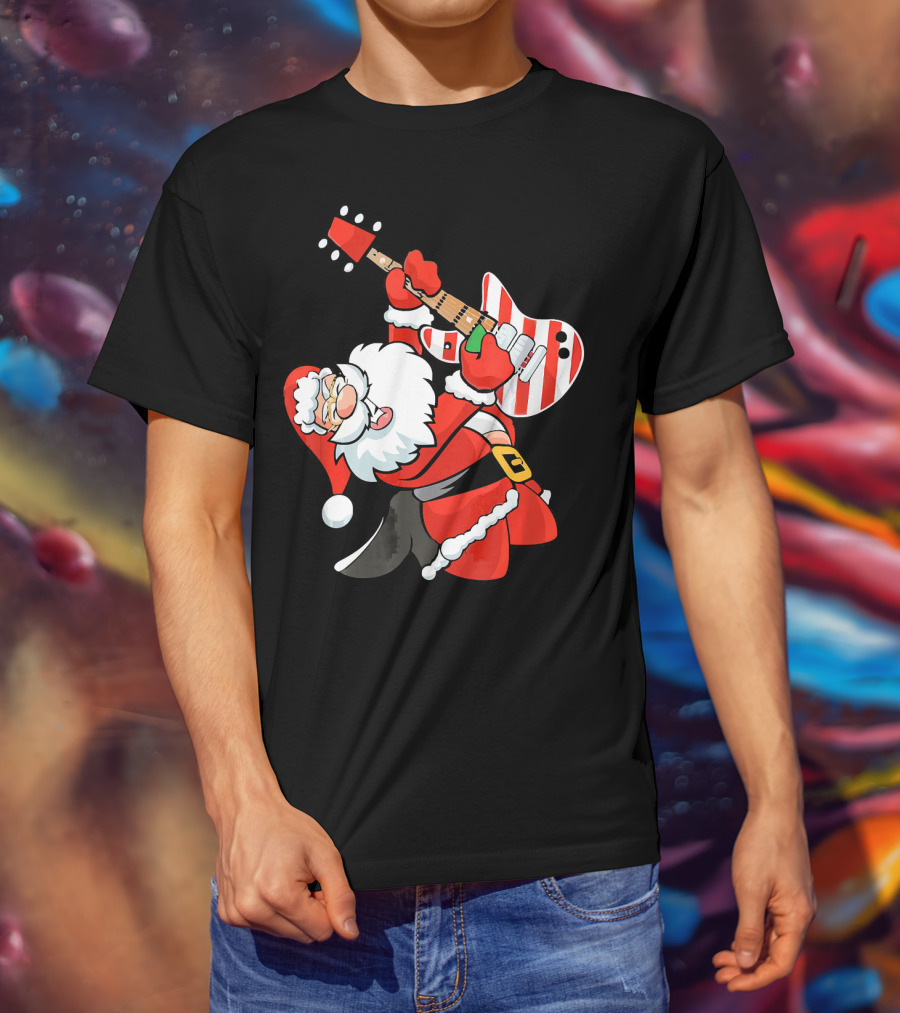 Santa Guitar Player Christmas Music Vintage Rock Holiday T-Shirt