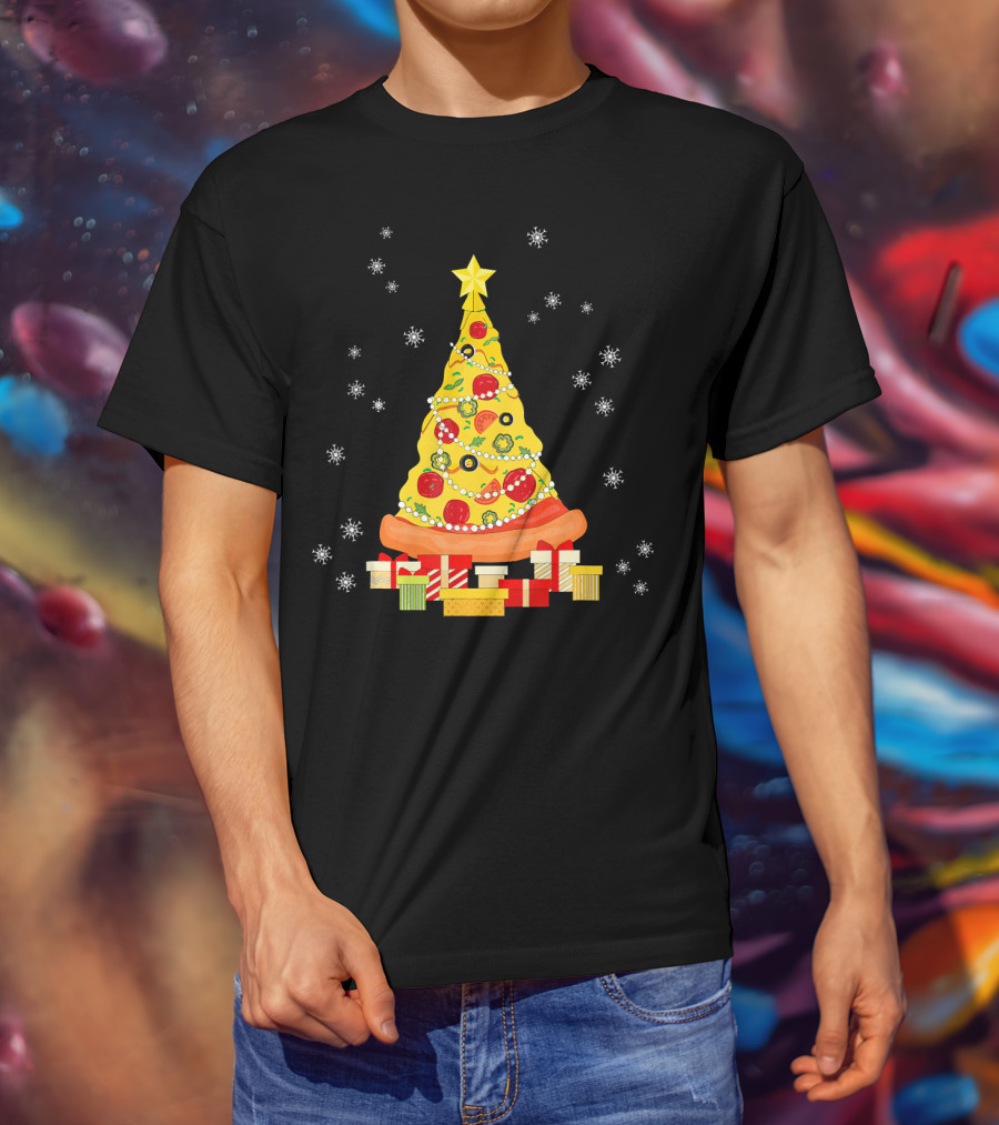 Christmas Tree Pizza With Snowflakes And Gifts T-Shirt