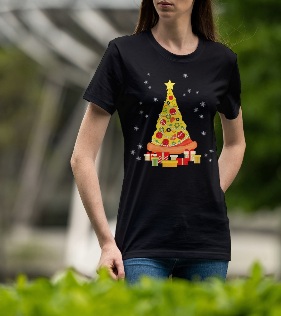 Christmas Tree Pizza With Snowflakes And Gifts T-Shirt