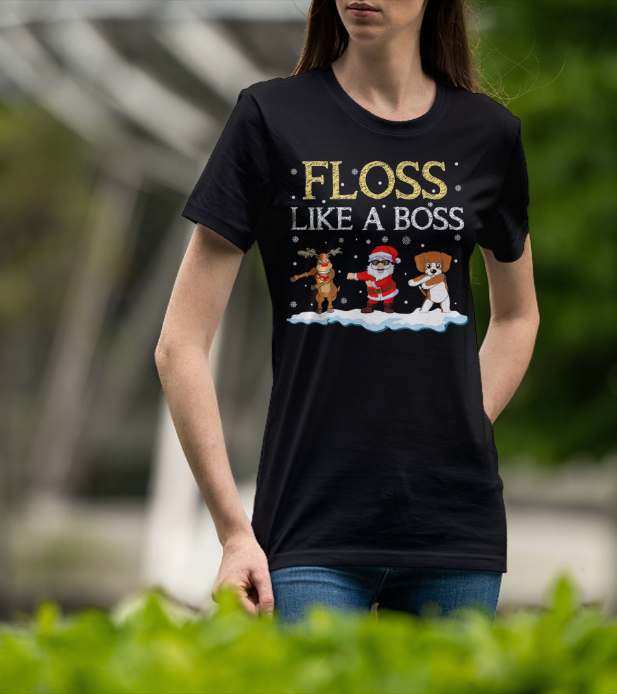 Floss Like A Boss Dancing Santa Beagle Reindeer Christmas T-Shirt