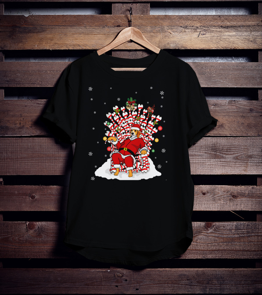 Beagle Dog In Santa Suit On Candy Cane And Bone Throne With Snowflakes T-Shirt