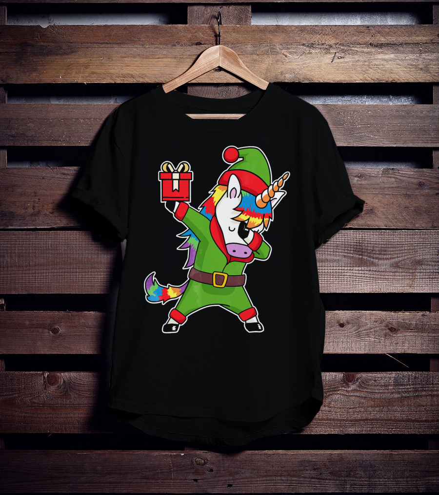 Christmas Dabbing Unicorn Elf With Rainbow Mane And Gift Box T-Shirt