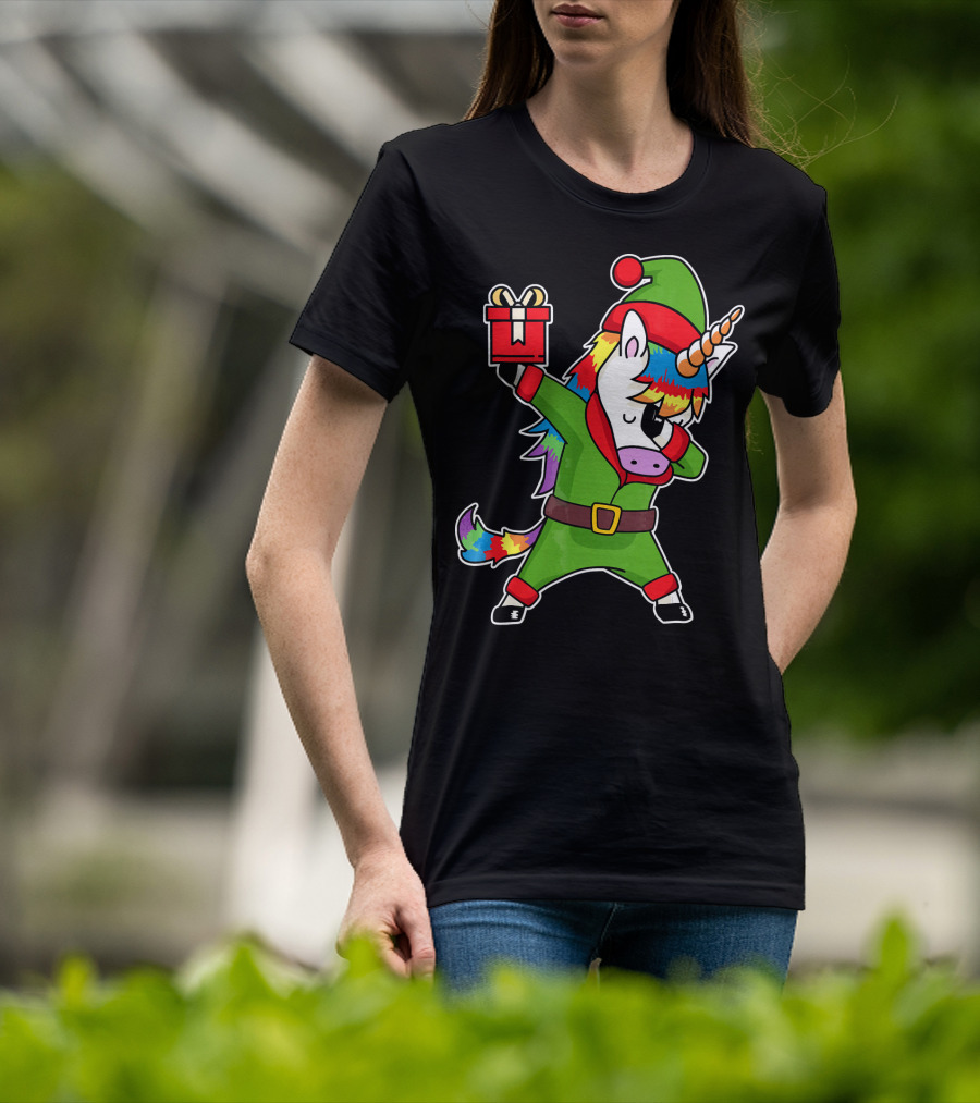 Christmas Dabbing Unicorn Elf With Rainbow Mane And Gift Box T-Shirt