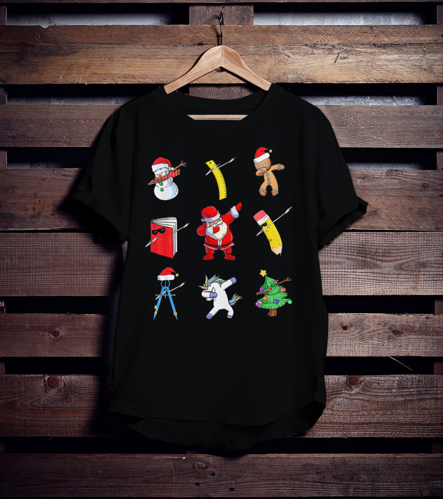 Funny Teacher Christmas Santa Dabbing Snowman Ruler Gingerbread Pencil Book Unicorn Tree T-Shirt