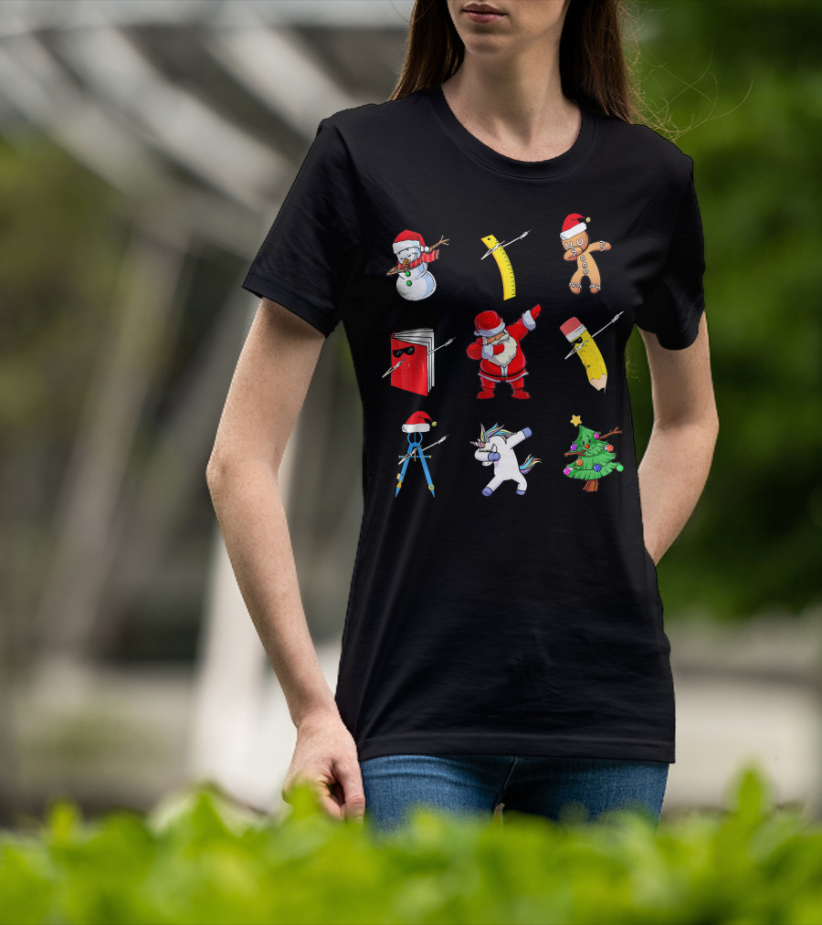 Funny Teacher Christmas Santa Dabbing Snowman Ruler Gingerbread Pencil Book Unicorn Tree T-Shirt