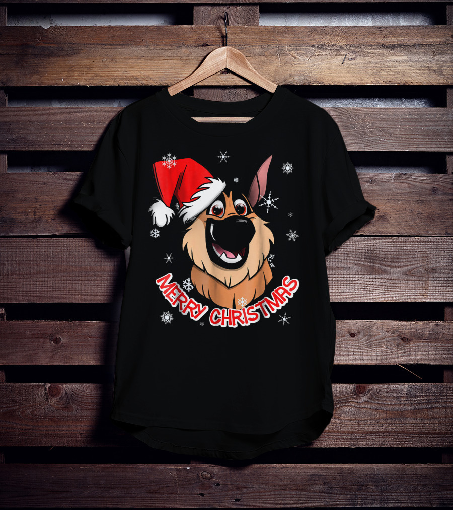 Merry Christmas GSD Smiling Santa Hat Snowflakes T-Shirt