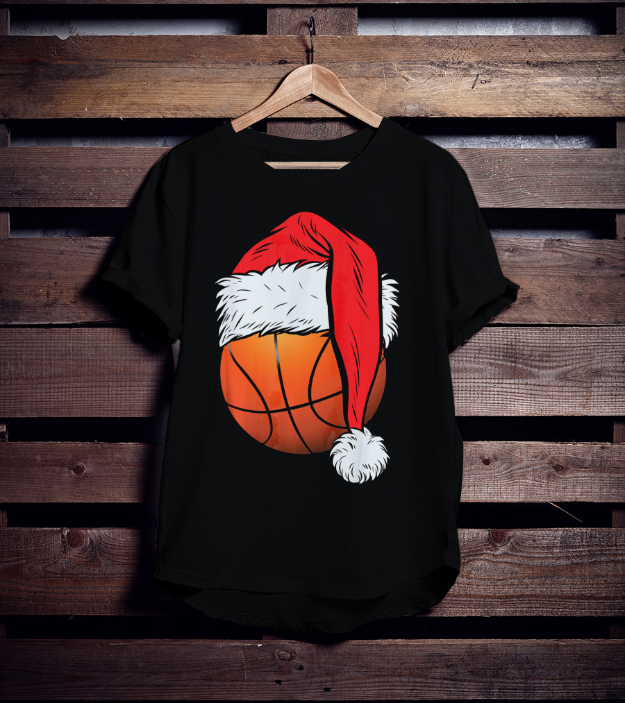 Christmas Santa Hat On Basketball Ball T-Shirt