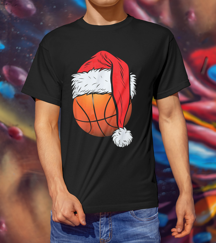 Christmas Santa Hat On Basketball Ball T-Shirt