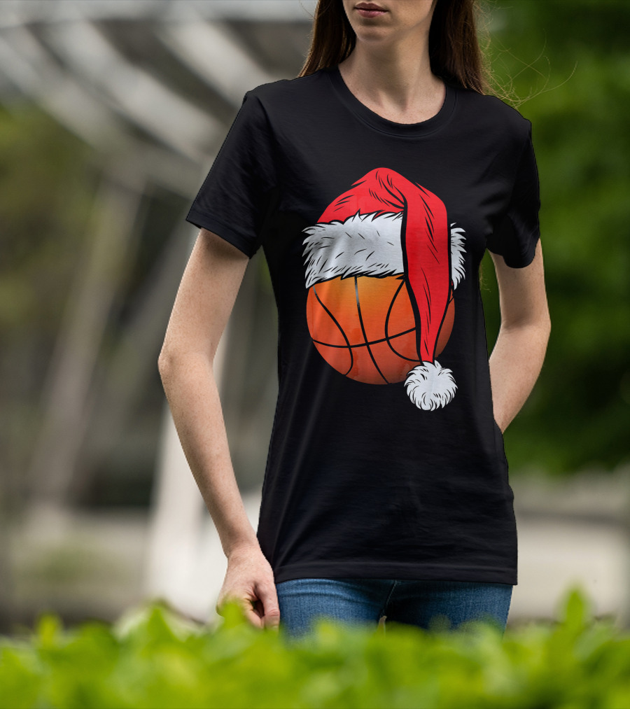 Christmas Santa Hat On Basketball Ball T-Shirt