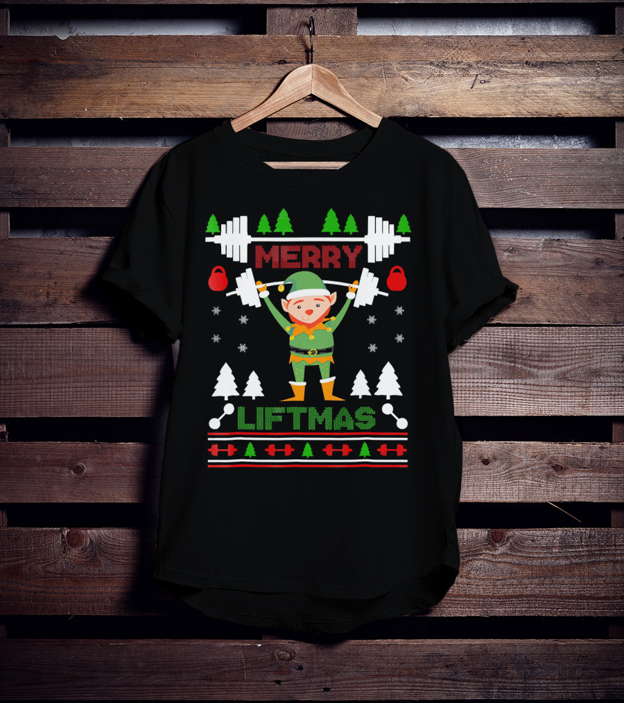 Merry Liftmas Elf Weightlifting Christmas Ugly T-Shirt