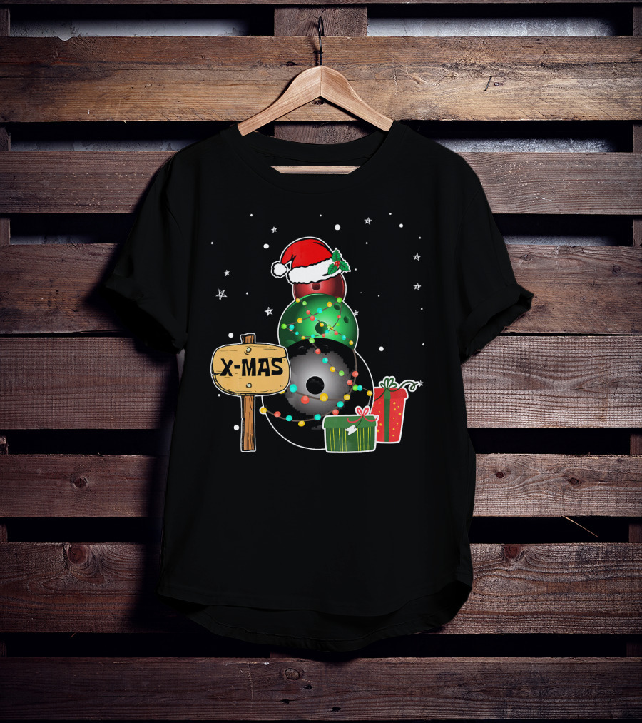 Bowling Snowman Xmas Presents With Santa Hat And Lights T-Shirt