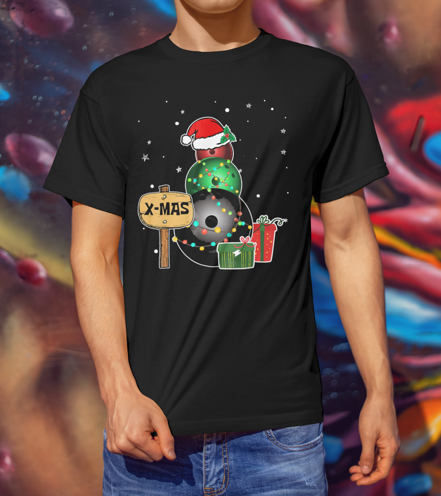 Bowling Snowman Xmas Presents With Santa Hat And Lights T-Shirt