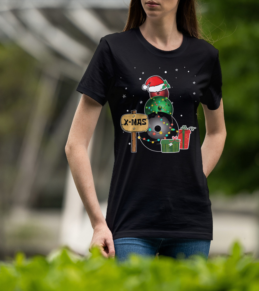 Bowling Snowman Xmas Presents With Santa Hat And Lights T-Shirt