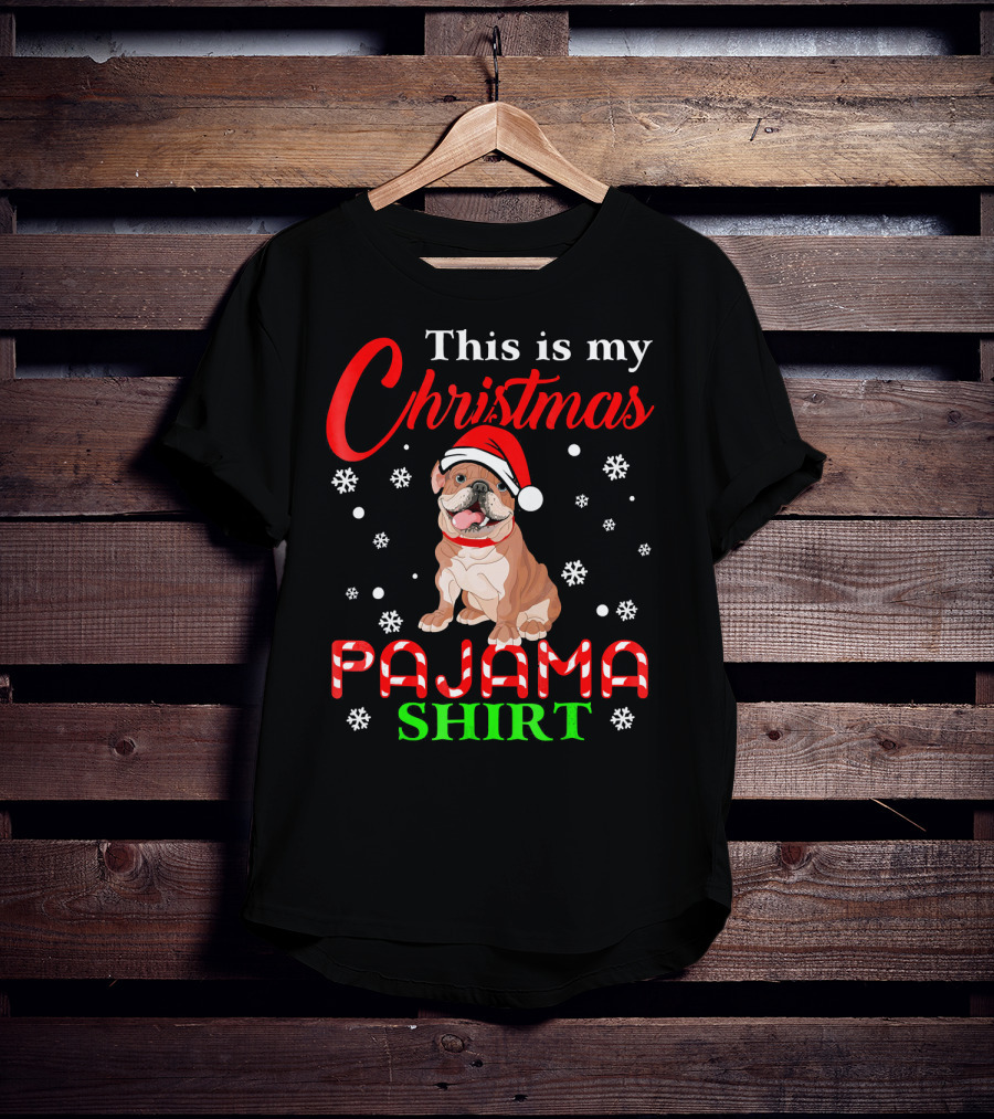 This Is My Christmas Pajama Shirt Dog Santa Hat Snowflakes T-Shirt