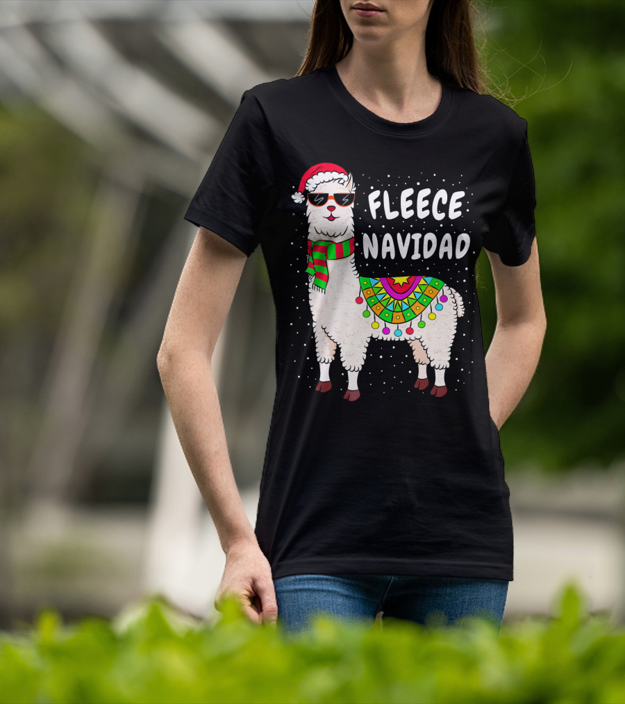 Fleece Navidad Christmas Llama Santa Hat Holiday T-Shirt
