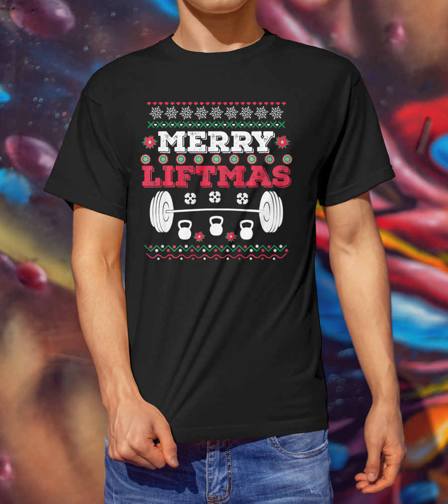 Merry Liftmas Funny Workout Barbell Kettlebell Christmas T-Shirt