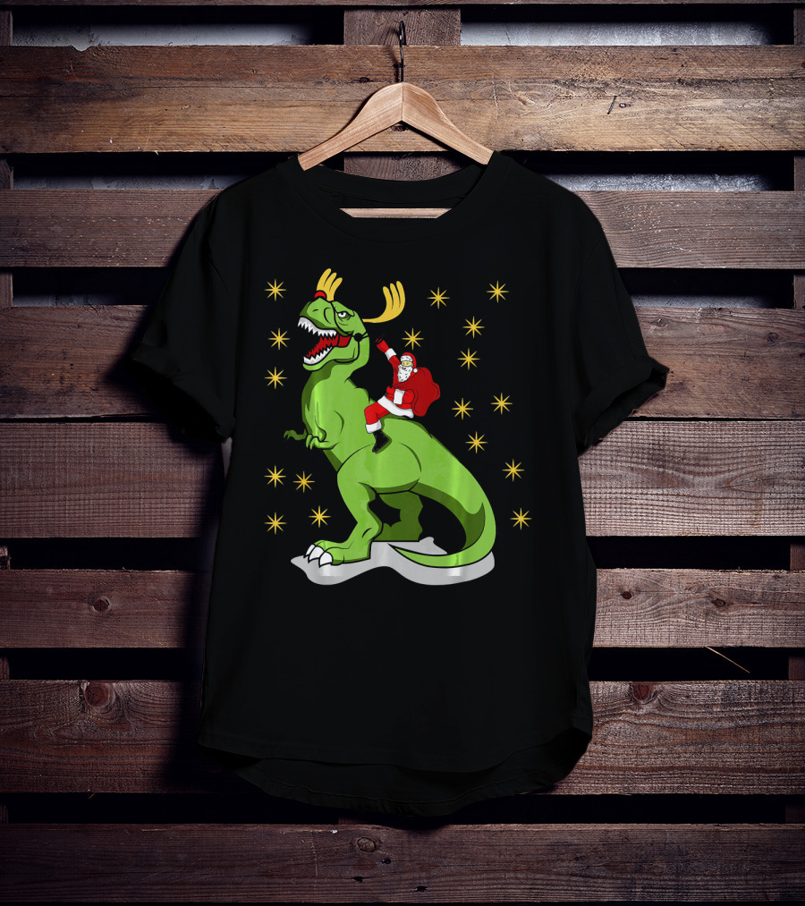 Santa Claus Riding Dinosaur With Reindeer Antlers And Stars T-Shirt