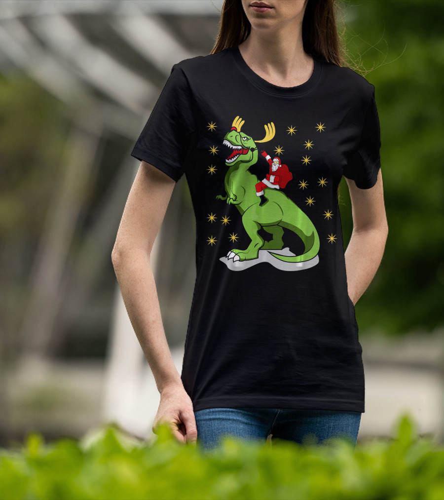 Santa Claus Riding Dinosaur With Reindeer Antlers And Stars T-Shirt