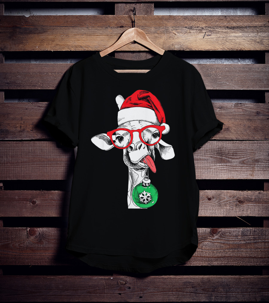 Santa Hat Giraffe Red Glasses Christmas T-Shirt