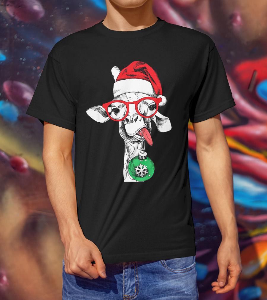 Santa Hat Giraffe Red Glasses Christmas T-Shirt