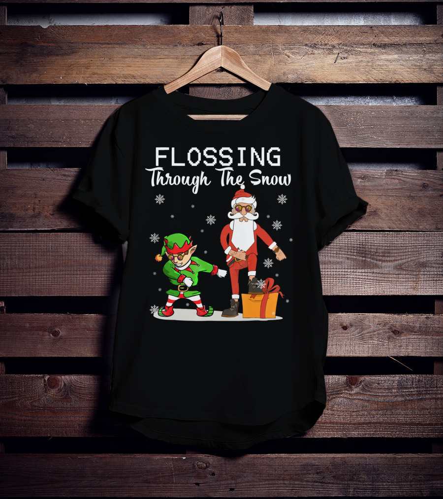 Flossing Through The Snow Santa And Elf Dancing With Gifts And Snowflakes T-Shirt