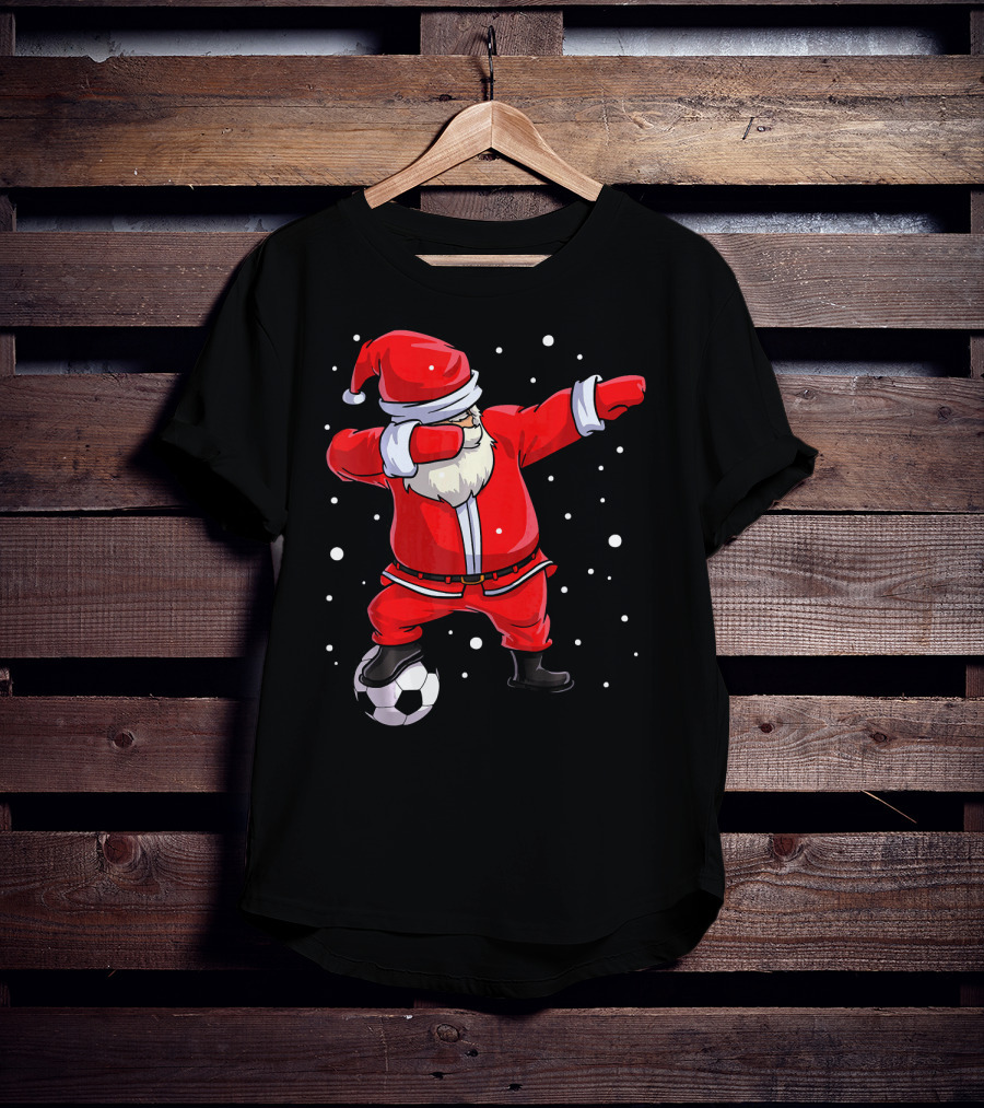 Santa Claus Dabbing On Soccer Ball Snowflakes Holiday T-Shirt